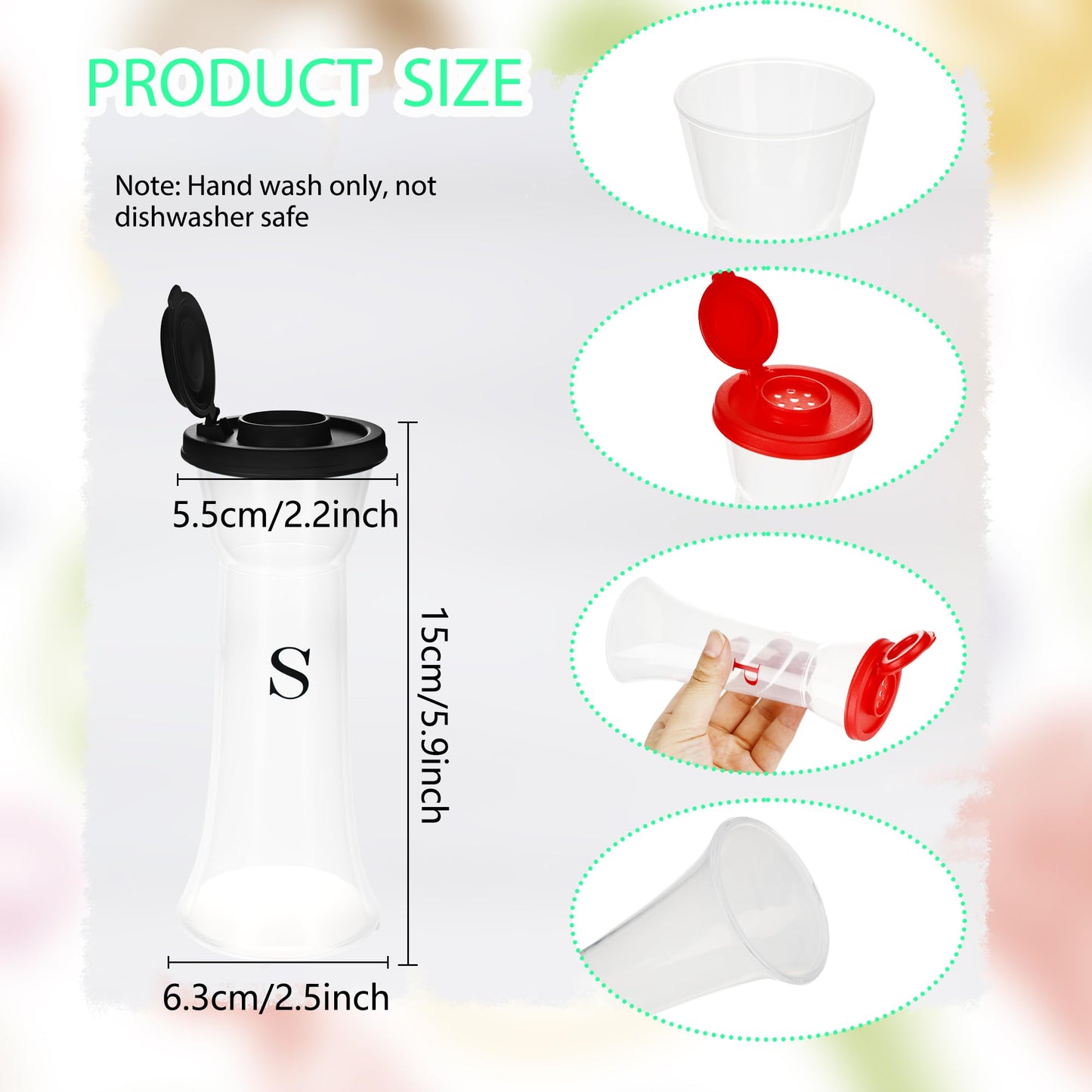 6 Pcs Plastic Salt and Pepper Shakers Hourglass Moisture Proof Salt Shaker with Lids for Kitchen Picnic Seasoning Salt Sugar Chili Powder, 3 Colors