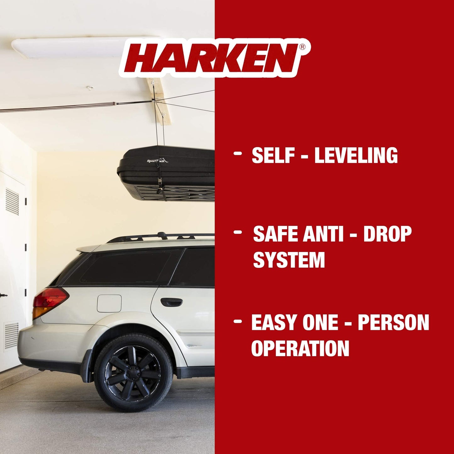 HARKEN Hoister Heavy Cargo Carrier Overhead Garage Storage 4-Point Hoist System for 145lb Carriers, Boxes, Kayaks, Canoes (145lb max load,12ft.Ceiling), Model 7803.12