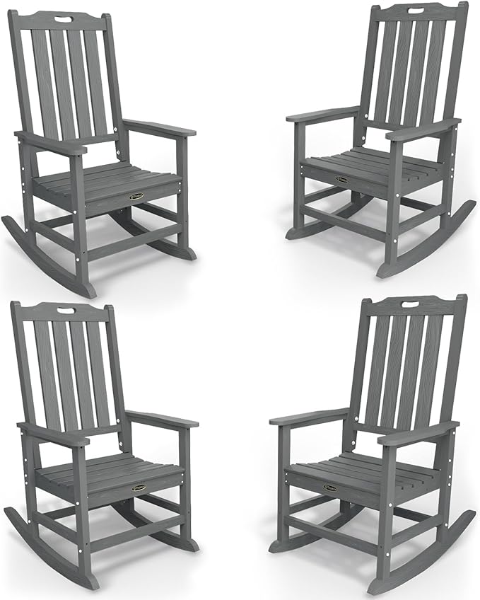 Oversized Rocking Chair Set of 4, Outdoor Rocking Chair for Adults, All Weather Resistant Porch Rocker for Lawn Garden, Grey