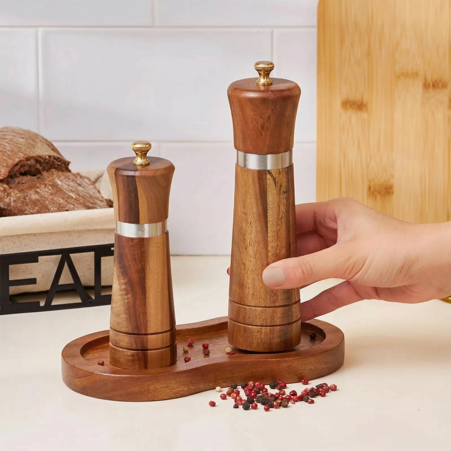 VanlonPro Salt and Pepper Mill Tray, Retro Sapele Wood Tray, Pepper Mill Holder & Rest (Inner Dia 2.6 Inch) fit Many Mills & Shakers, Salt & Pepper Grinder Accessories, Kitchen Storage Holder