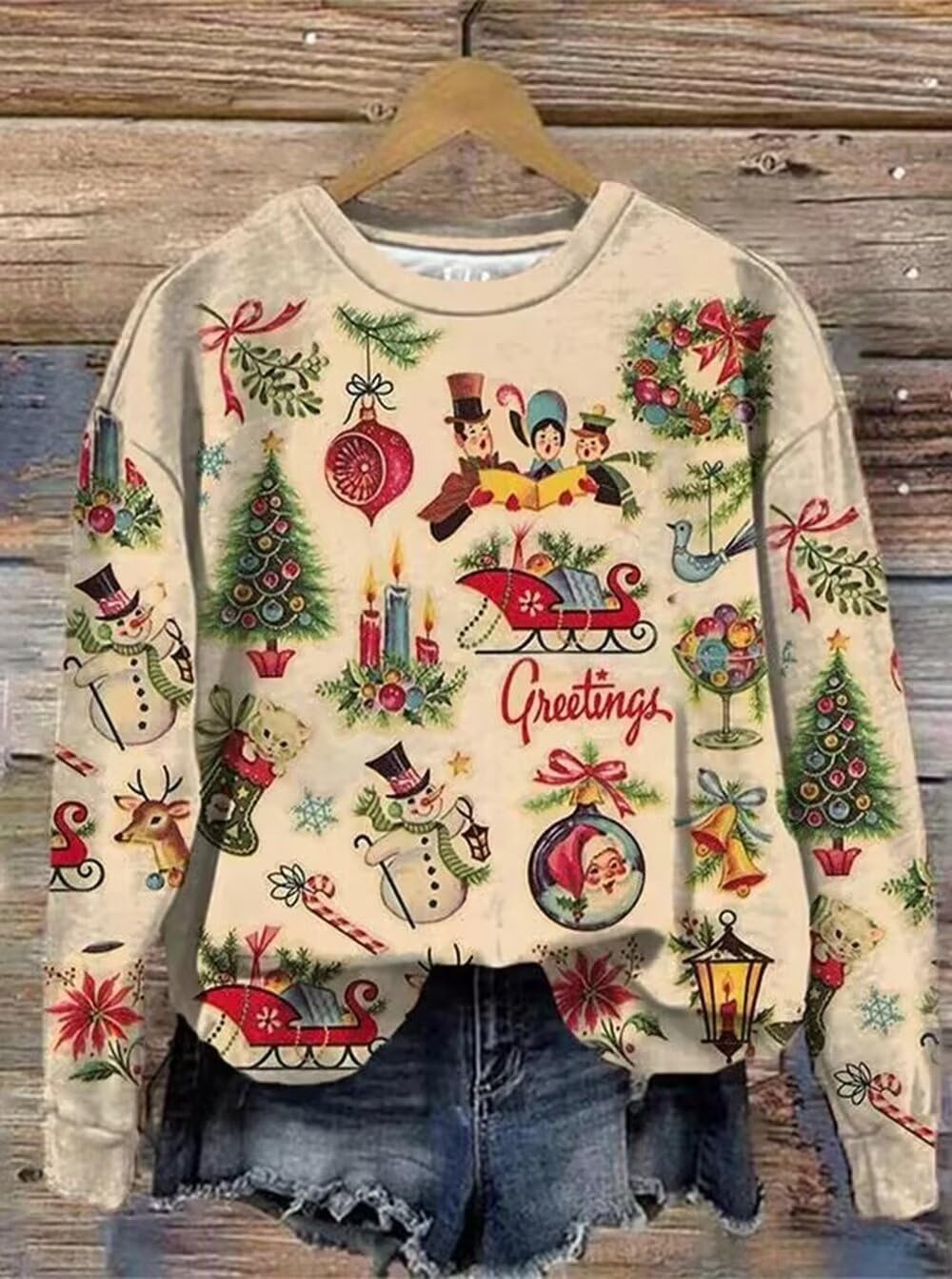AIMITAG Merry Christmas Sweatshirt Womens Vintage Christmas Santa Claus Graphic Print Pullover Winter Xmas Holiday Tops(X-Large,Apricot1)