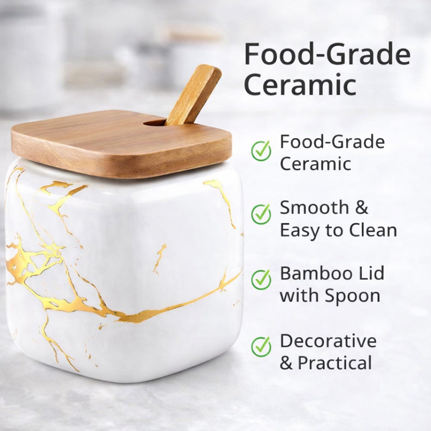 JFFLYIT 2 Sets of Marble Ceramic Sugar Bowl Ceramic Seasoning Jars with Wooden Lid and Wooden Spoon(White)