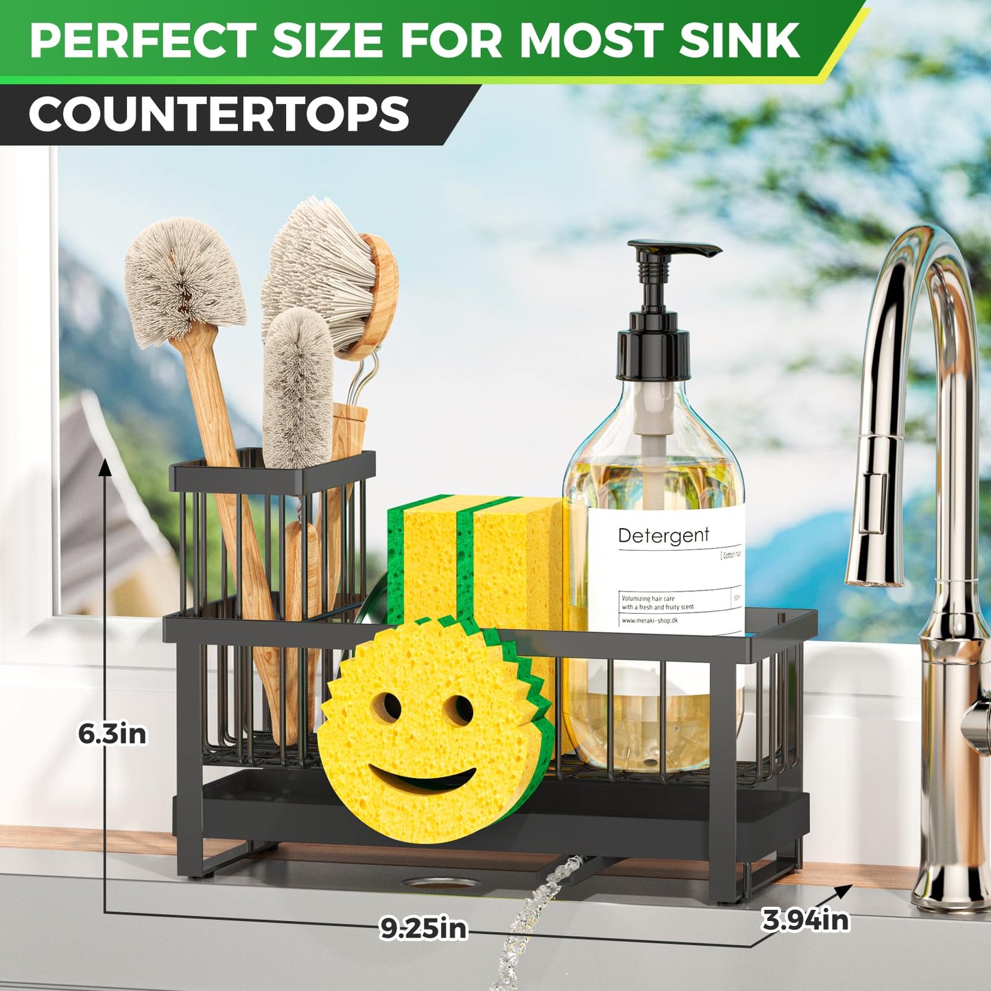 Taugast Sponge Holder for Kitchen Sink,Sink Caddy with Removable Dish Brush Holder,Self-Draining Kitchen Countertop Organizers and Storage Essentials,Soap Dispenser Organize and Home Decor-Black