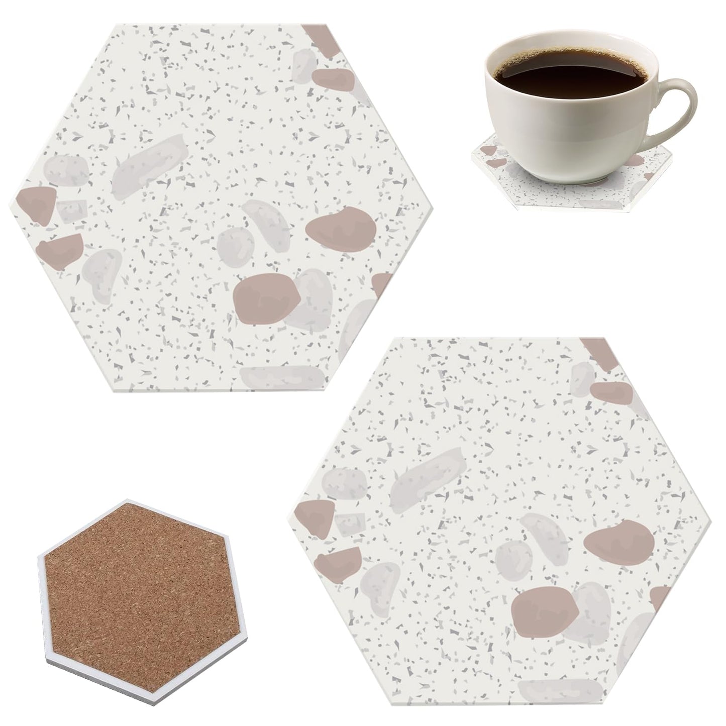 2-Pack Hexagon Marble Coasters, 4.2 Inch Absorbent Stone Drink Coasters with Marble Pattern, Non-Slip Heat Resistant Table Protectors for Drinks, Plants, and Candles