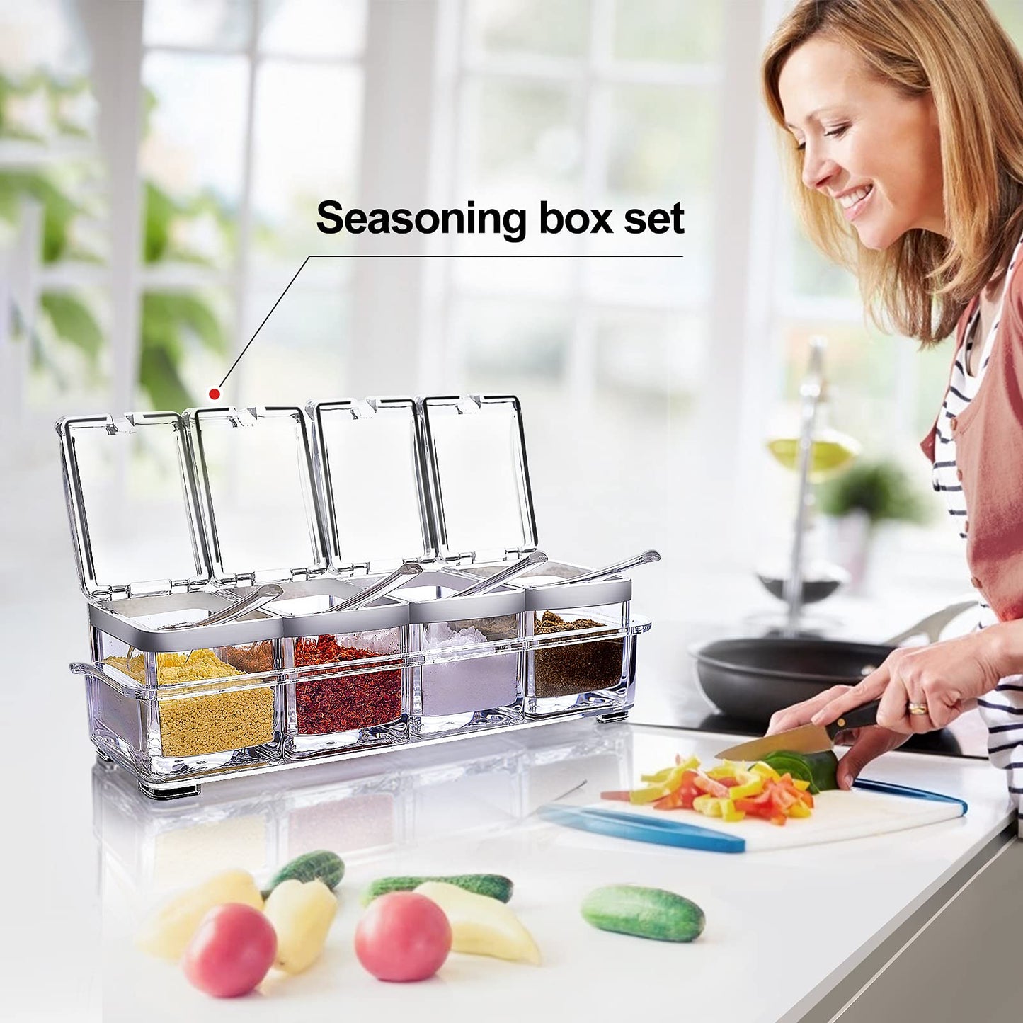 Acrylic Seasoning Box Set, 4 Piece Clear Premium Quality Storage Rack Spice Pots Condiment Jars for Salt Sugar Cruet Kitchen Organization Containers with Cover and Spoon