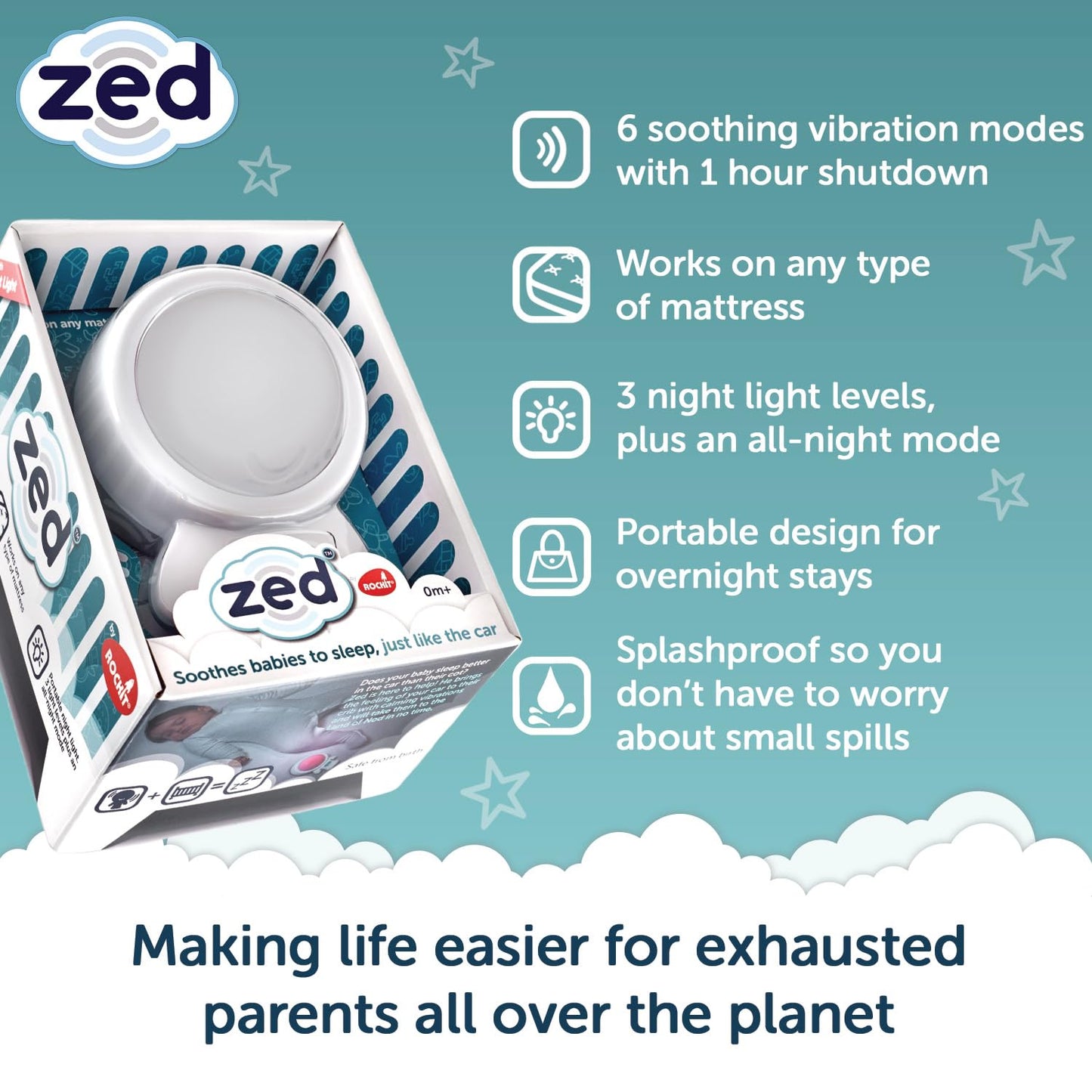 Zed by Rockit Vibration Baby Sleep Aid with Calming Red Night Light - for Baby Cots Cribs & Moses Baskets - 6 Soothing Vibration Settings