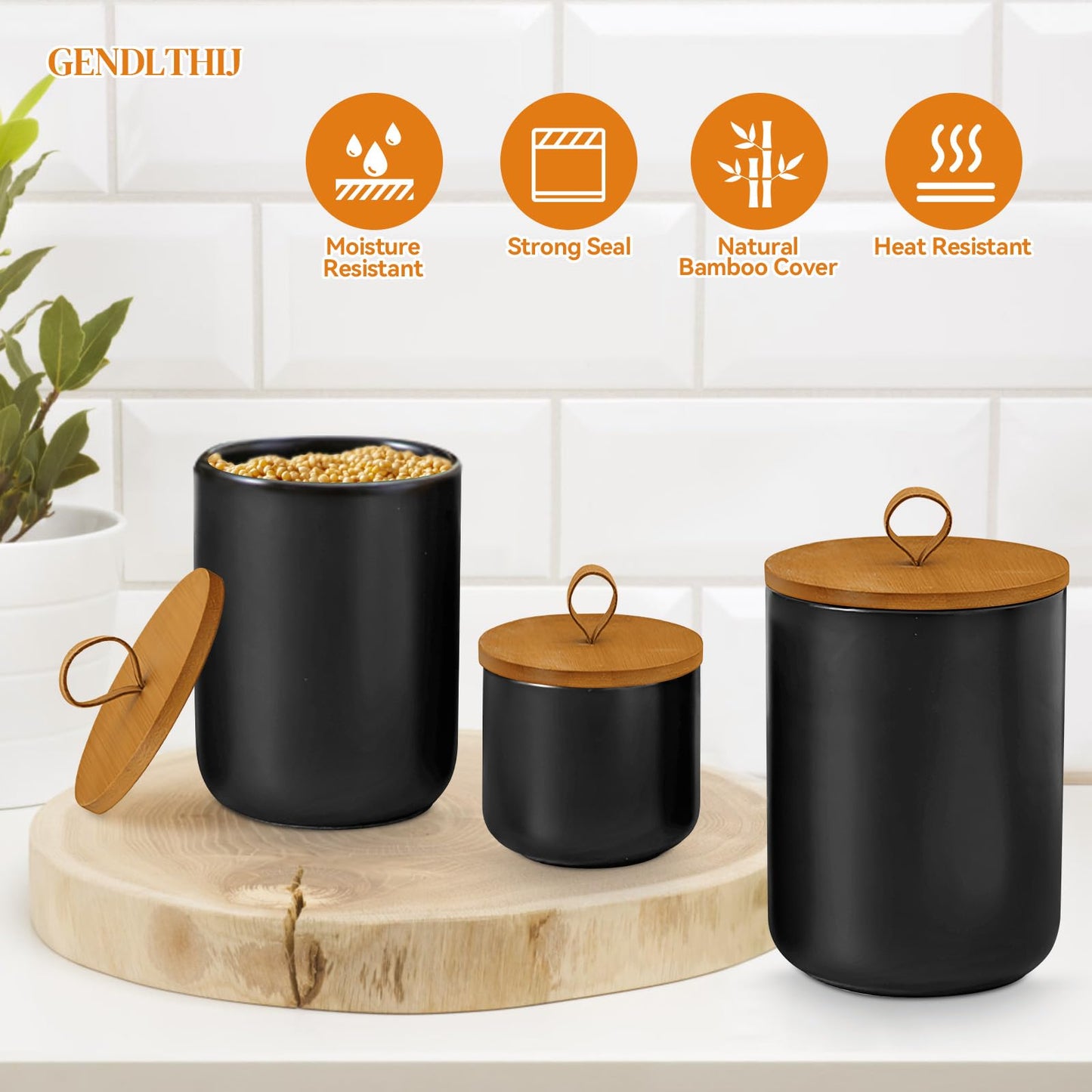 GENDLTHIJ Canister Sets for Kitchen,Ceramic Kitchen Canisters for Countertop with Airtight Wood Lids for Serving Ground Coffee, Tea, Spice, Grains, Sugar, Salt (Black Pack of 3 (8.7/27/44 Oz))
