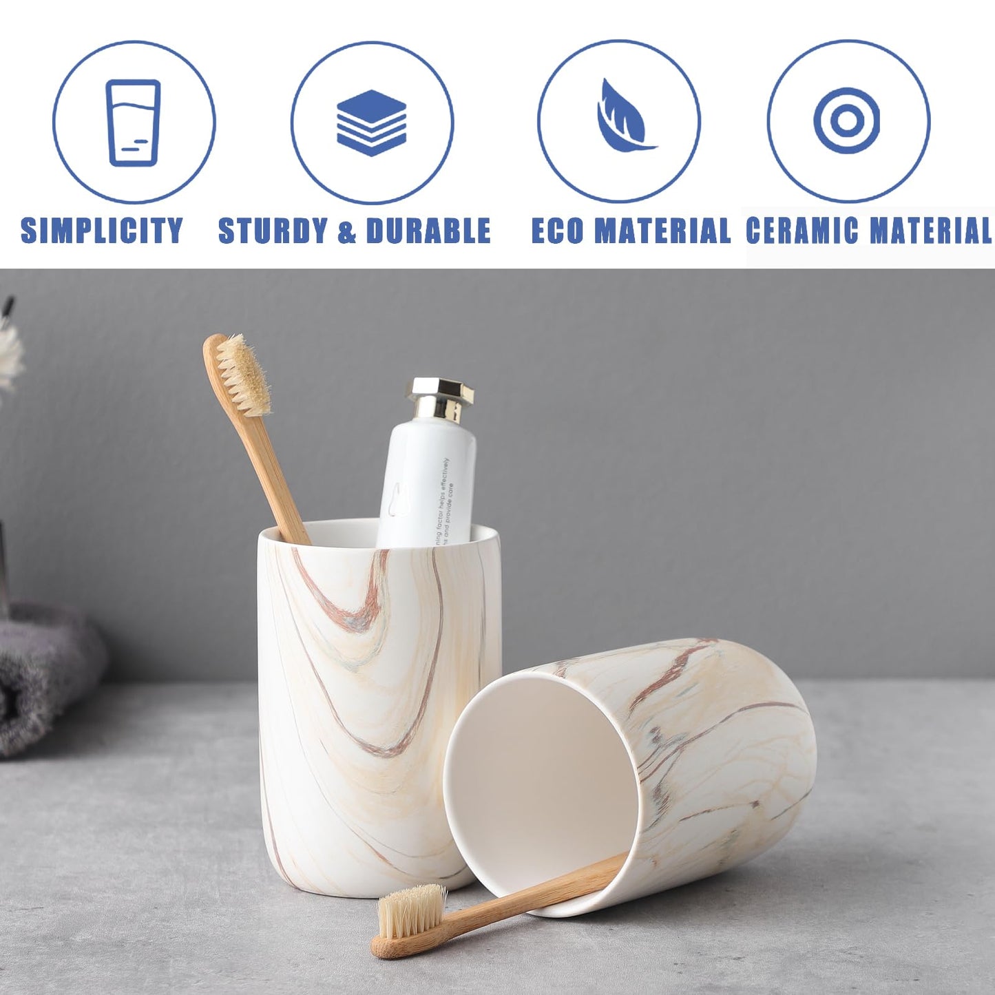Brown Marble Toothbrush Holder - Ceramic Toothbrush Holder for Bathrooms, Toothbrush Toothpaste Holders, Marble Bathroom Tumbler Cups Reusable Toothbrush Mouthwash Cup, Bathroom Counter Organizer