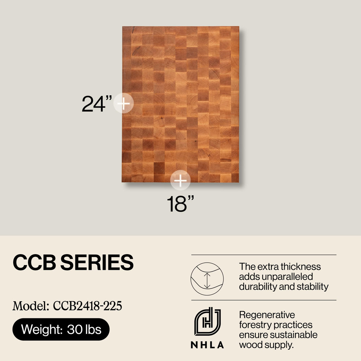 John Boos CCB Series Rectangular Wooden Maple Cutting Board 24”x18” – 2.25” Thick, 30-lb Reversible Butcher Block with End-Grain & Finger Grips – Made in the USA