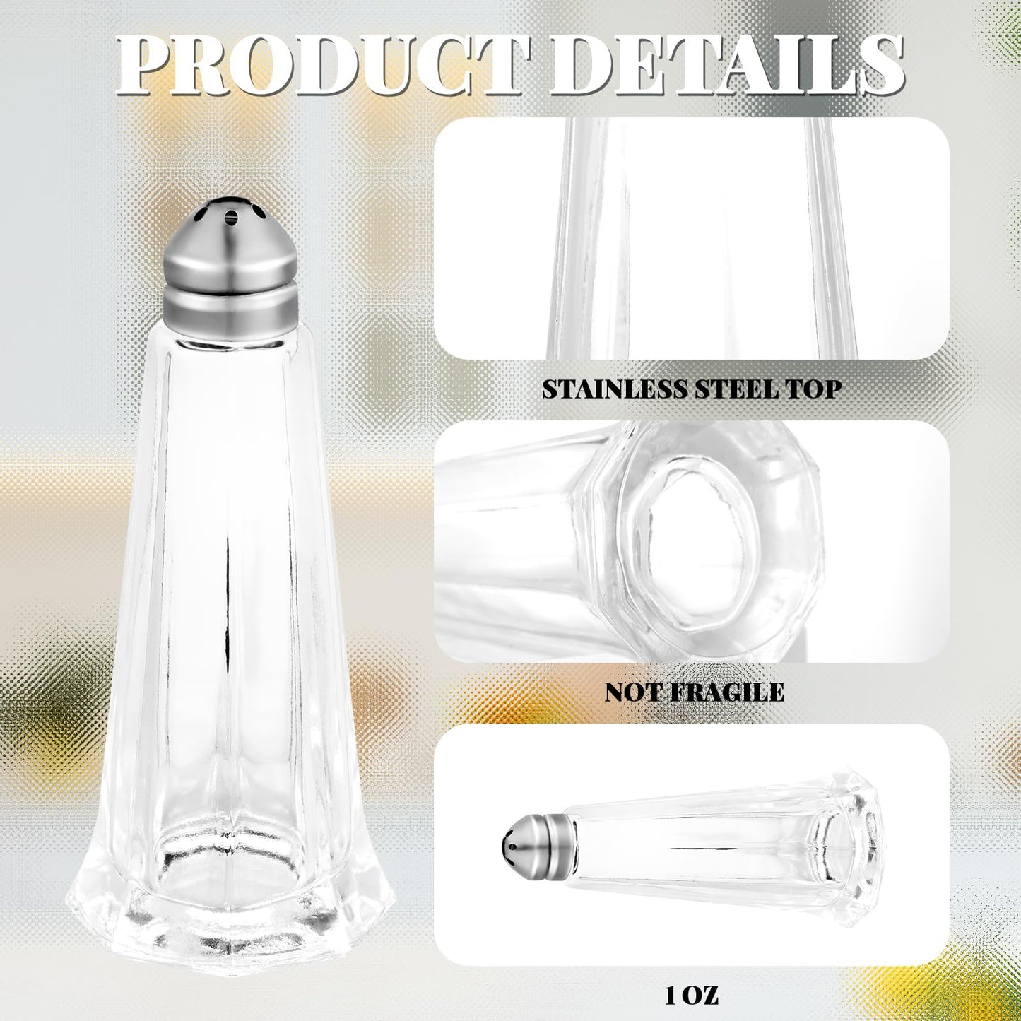 Bokon Set of 24 Tower Glass Salt and Pepper Shakers Bulk 1oz Small Tower Spice Shakers Refillable with Stainless Steel Chrome Top Lid for Home Restaurant Kitchen Seasonings Supplies