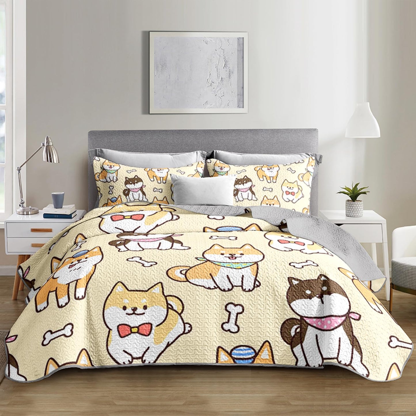 XYNHML Kawaii Corgi Dog Animal Quilts Bedding Twin 3Pcs Cartoon Yellow Black Pet Puppy Dogs Quilt Bed Set Lightweight Soft Bedspreads Coverlet with 2 Pillowcases for Kid Boy Girl Teen Adult Bed Decor