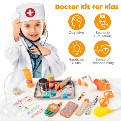 EFO SHM Doctors Set for Kids, Wooden 34-piece Kids Doctors Kit, with Real Stethoscope Portable Doctors Bag and Wooden Syringe, Role Play Toys for 3 4 5 6 Year Old Girls and Boys