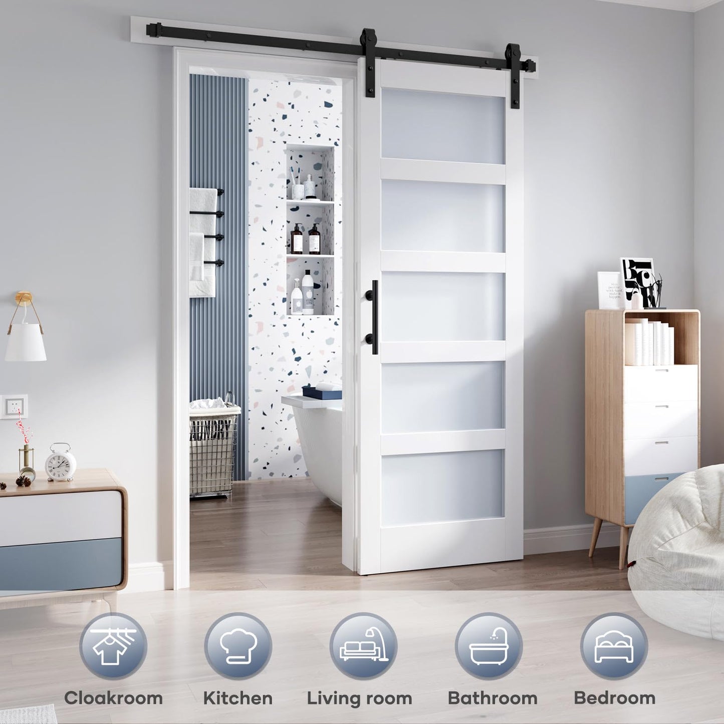 ROYMELO 28x84 Inch Glass Sliding Barn Door Slab and 5ft Hardware Kit Included, 5 Frosted Glass, LVL Wood Panel Covered with White Water-Proof Scratch-Proof PVC Surface, Simple DIY Assembly