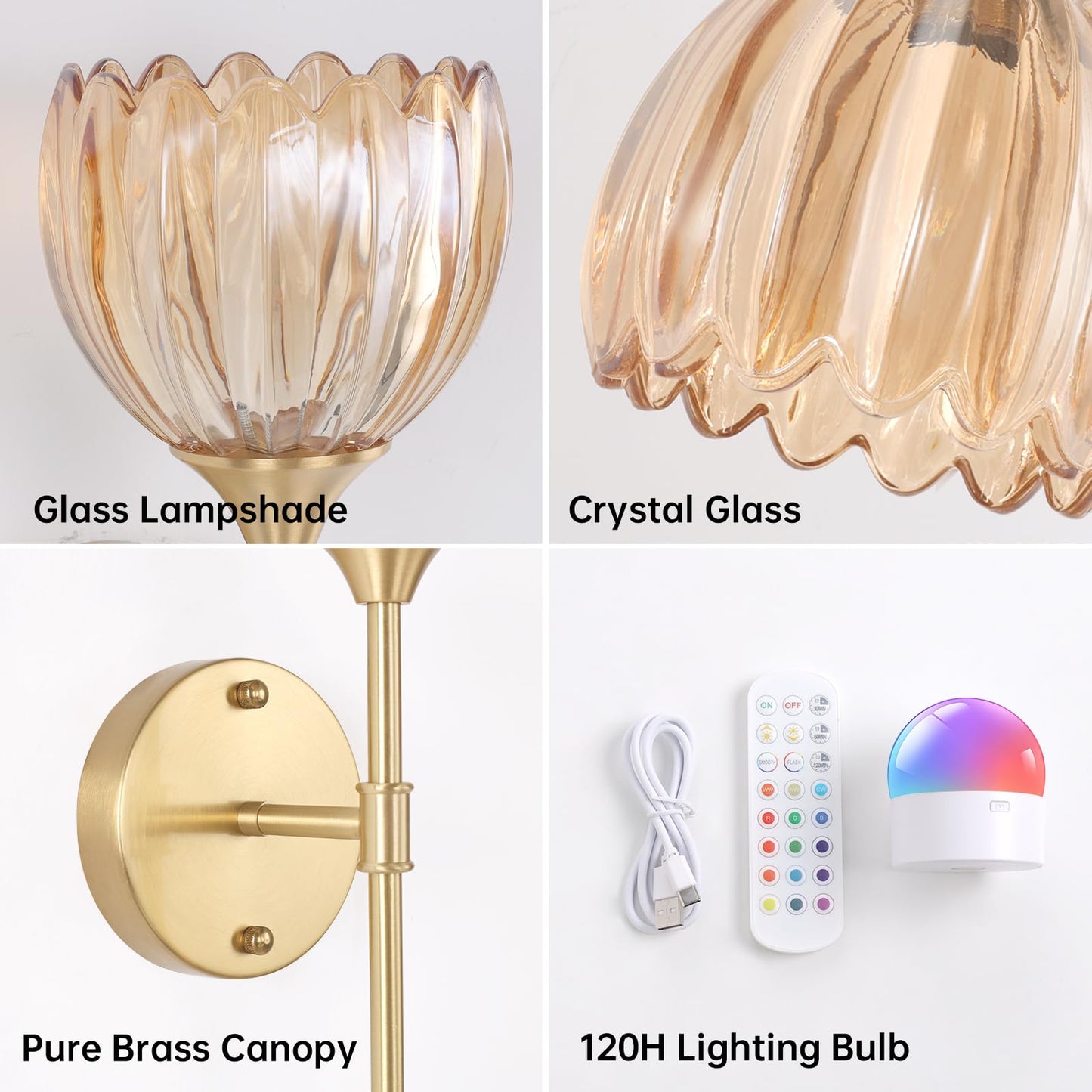 Shenmoyl Battery Operated Wall Sconce Set of 2, Amber Tulip Vintage Wall Light Fixture Rechargeable 5000mAh Battery Powered Wall Lamp with Remote for Living Room Bathroom