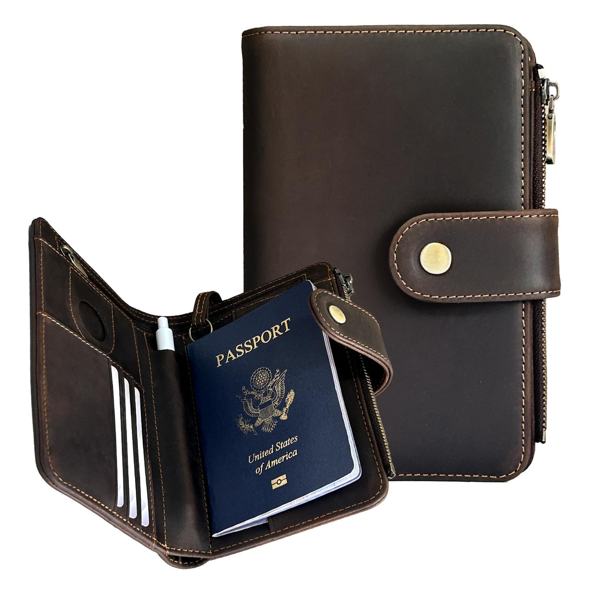 Genuine Crazy Horse Leather Passport Wallet, RFID Blocking Passport Holder with Tracker Slot, All in One Travel Wallet for Women/Men, Secure Passport Cover Case for Airport Essentials (Dark Brown)