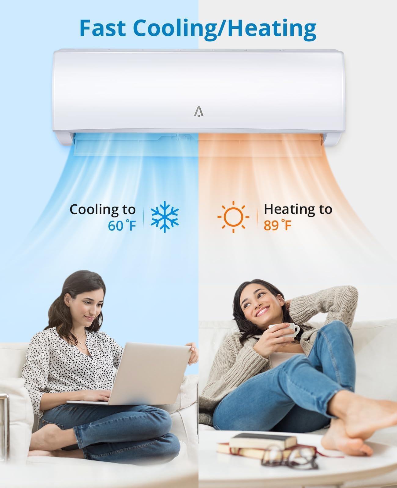 Mini Split Air Conditioners, 9,000 BTU AC Heating System, Heat Pump Ductless Mini Split AC Unit for Bedroom, Quiet Room Air Conditioner with Efficient Cooling Heating for Rooms Up to 450 Sq.ft