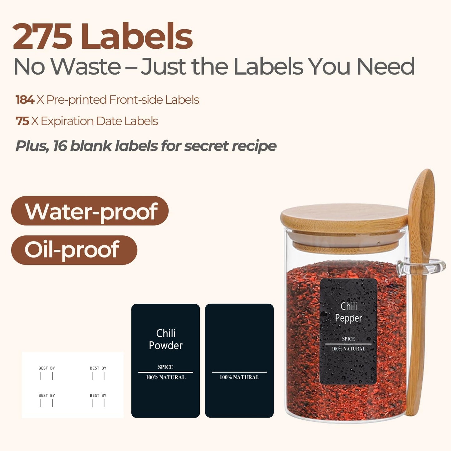 ComSaf 16Pcs Glass Spice Jars with Bamboo Lid, 4oz Airtight Square Spice Containers with 275 Black Lables, Empty Seasoning Jars for Spice Salt Sugar