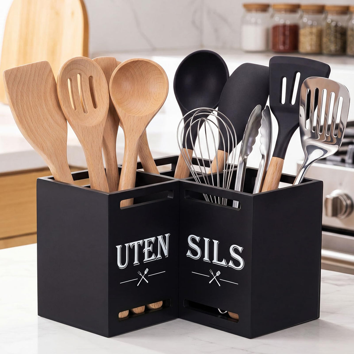RattanView Large Kitchen Utensil Holder with 3 Compartments, Utensil Holder for Counter, Rustic Black Kitchen Decor Tools Gift Wooden Countertop Cutlery Caddy Spoon