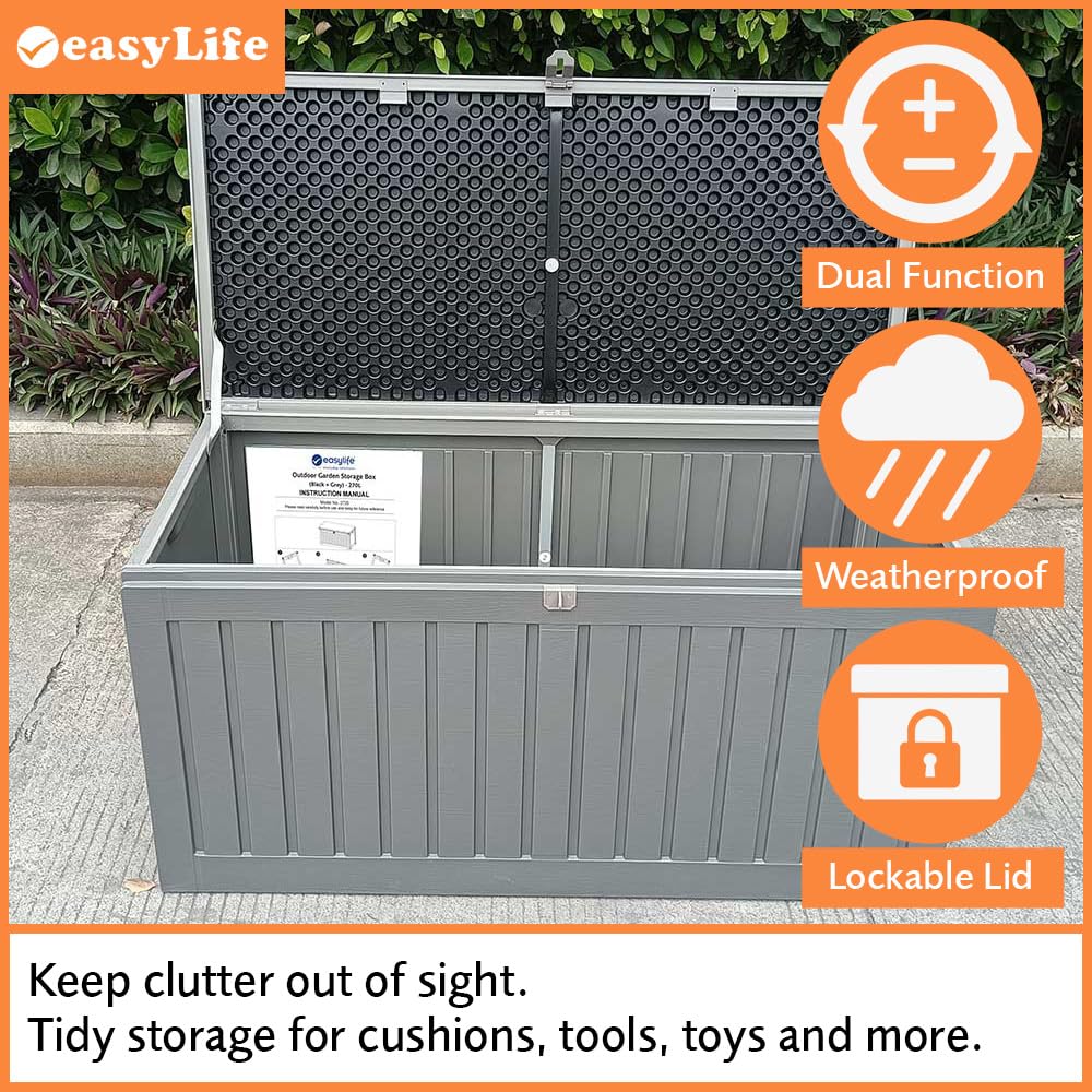 Easylife Steelcore270 Steel-Reinforced Garden Storage Box with 270 Litre Capacity, Lockable and Waterproof Garden Tool Storage Chest, No Tool Assembly, H53xW105xD49cm- Fully Guaranteed