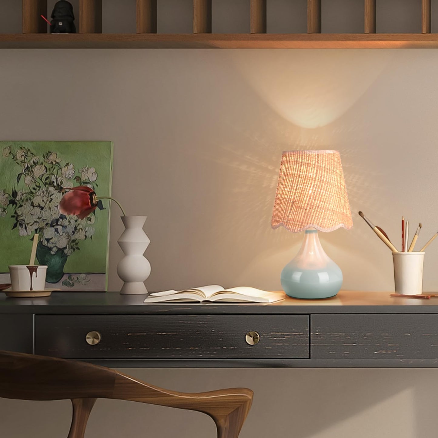 Light Blue Boho Small Table Lamp for Small Spaces, Small Rattan Shade Bedside Lamp for Bedroom, Cute Nightstand Light for Bedside, Kitchen Counter, Bookshelf Lamp, Home Office, Living Room, Dorm