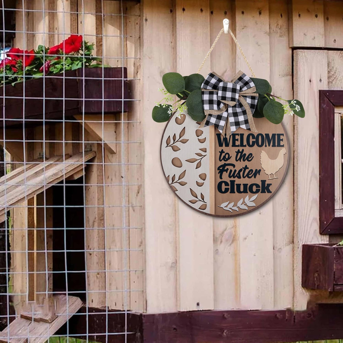 CHDITB Funny Chicken Wooden Sign, Rustic Farmhouse Wall Art Plaque, Chicken Coop Barnyard Hanging, Hen House Coop Round Sign,Welcome To The Fuster Cluck Door Hanger For Porch Outdoor Country Home Decor