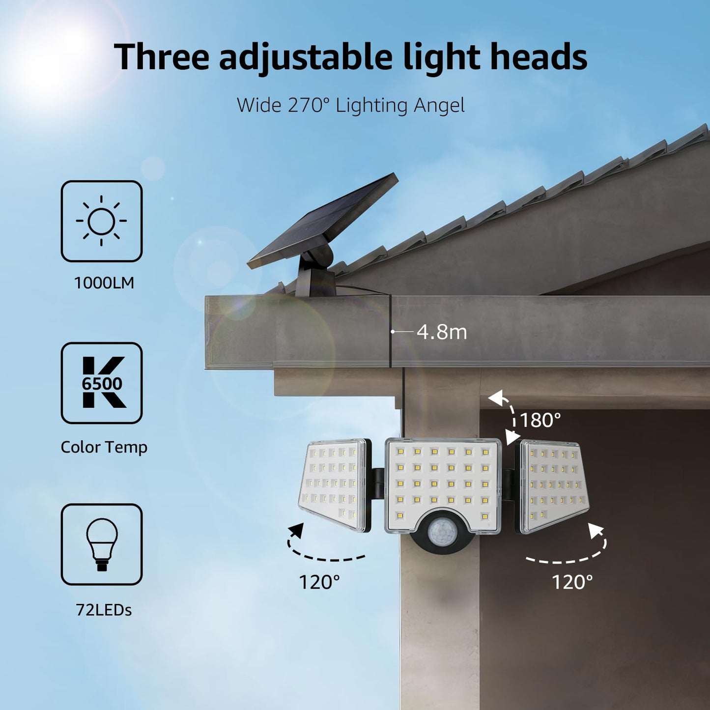Lepro Solar Security Lights Outdoor Motion Sensor, 1200LM Solar Flood Lights with Separate Solar Panel, IP65 Waterproof, Adjustable 3Heads, Pir Wall Lights for Yard Garage Pathway