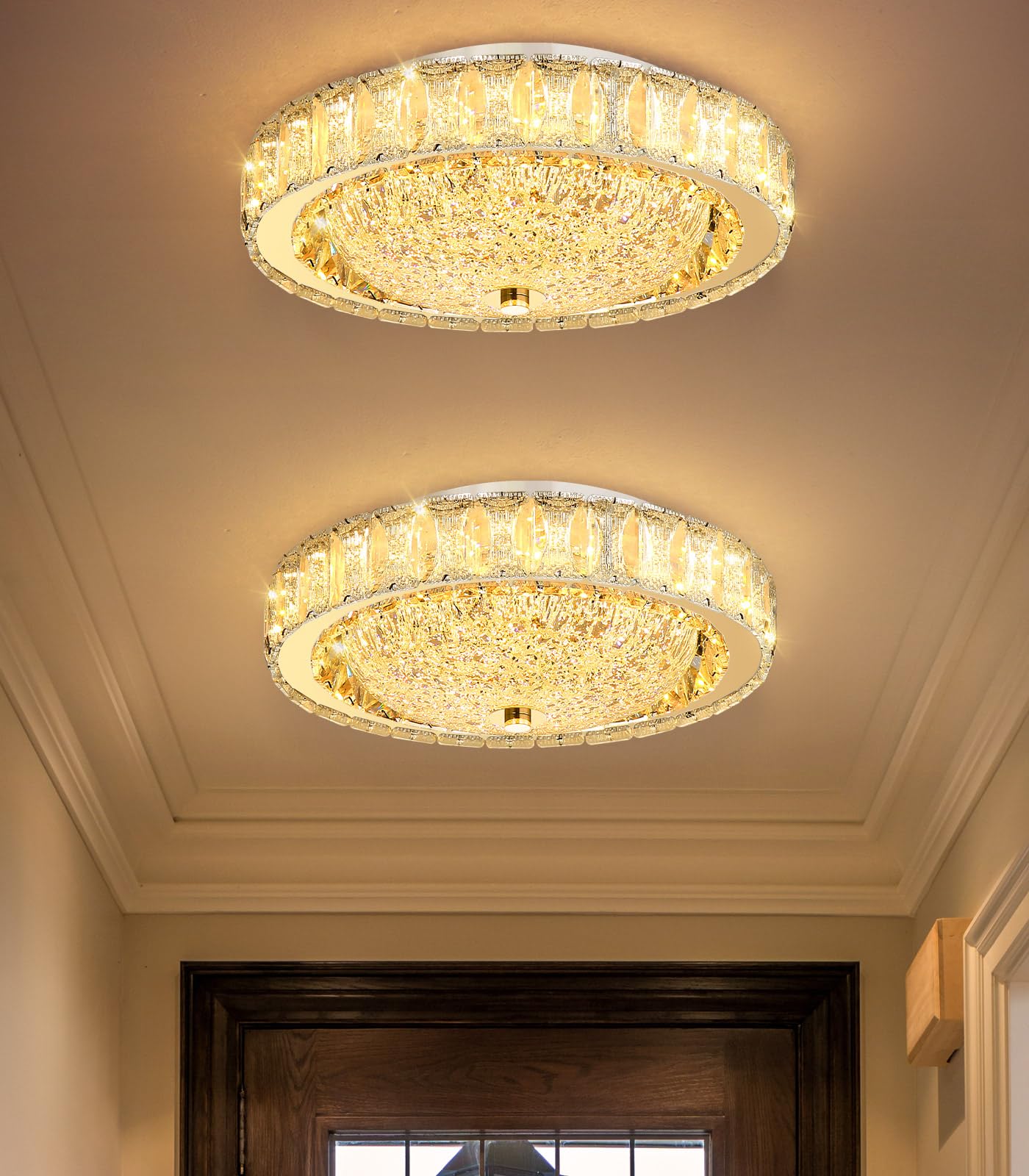 AFQEJG 11.8" Modern Mini Crystal Chandelier Dimmable LED Flush Mount Ceiling Light with Remote Control for Bedroom Hallway Dining Room Gold