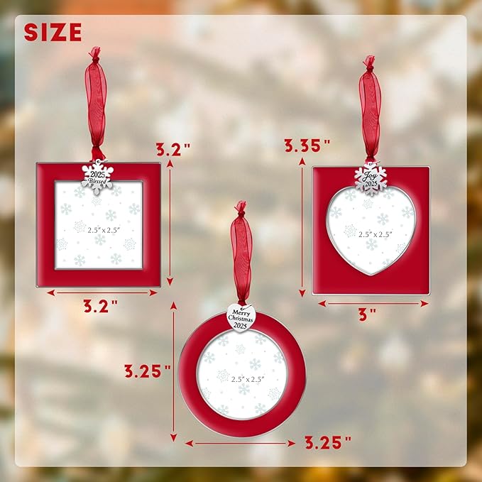 GUOER 3PCS Christmas Tree Ornaments Set Picture Frame Ornament Holiday Keepsake Gift Home Decor Christmas Decorations Xmas Gifts Pendant with 2.5” Photo Frame Insert (Red 2025)