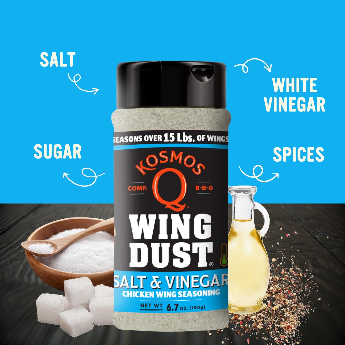Kosmos Q Salt & Vinegar Wing Dust, Father’s Day Gift, Salt & Vinegar Seasoning for Wings, Popcorn, Fries & More, Tangy Dry Rub Dust for Chicken, Snacks & Vegetables, Gluten Free, 8 Oz Shaker Bottle