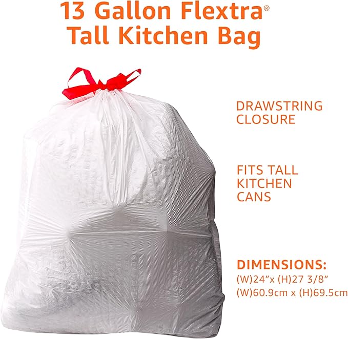 Amazon Basics Flextra Tall Kitchen Drawstring Trash Bags, 13 Gallon