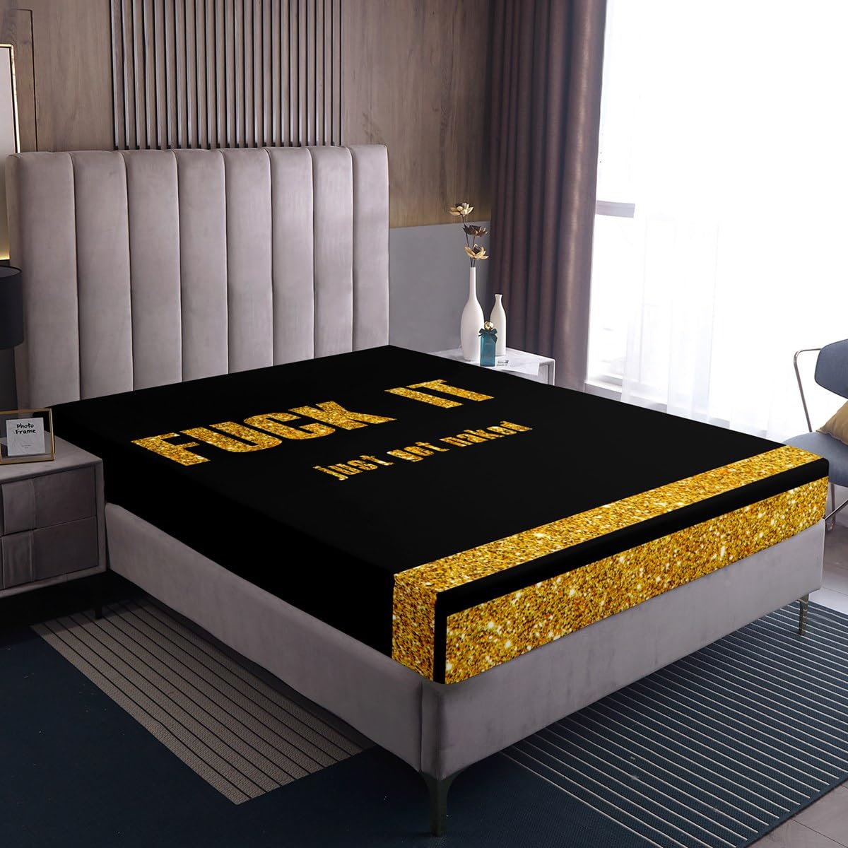 Funny Quotes Fitted Sheet & Pillow Sham Set Get Naked Bed Sheet Set for Men Women Couple Lover Golden Glitter Sequins Bedding Set Black and Gold Bed Cover No Flat Sheet Bedroom Decor 3Pcs Full Size