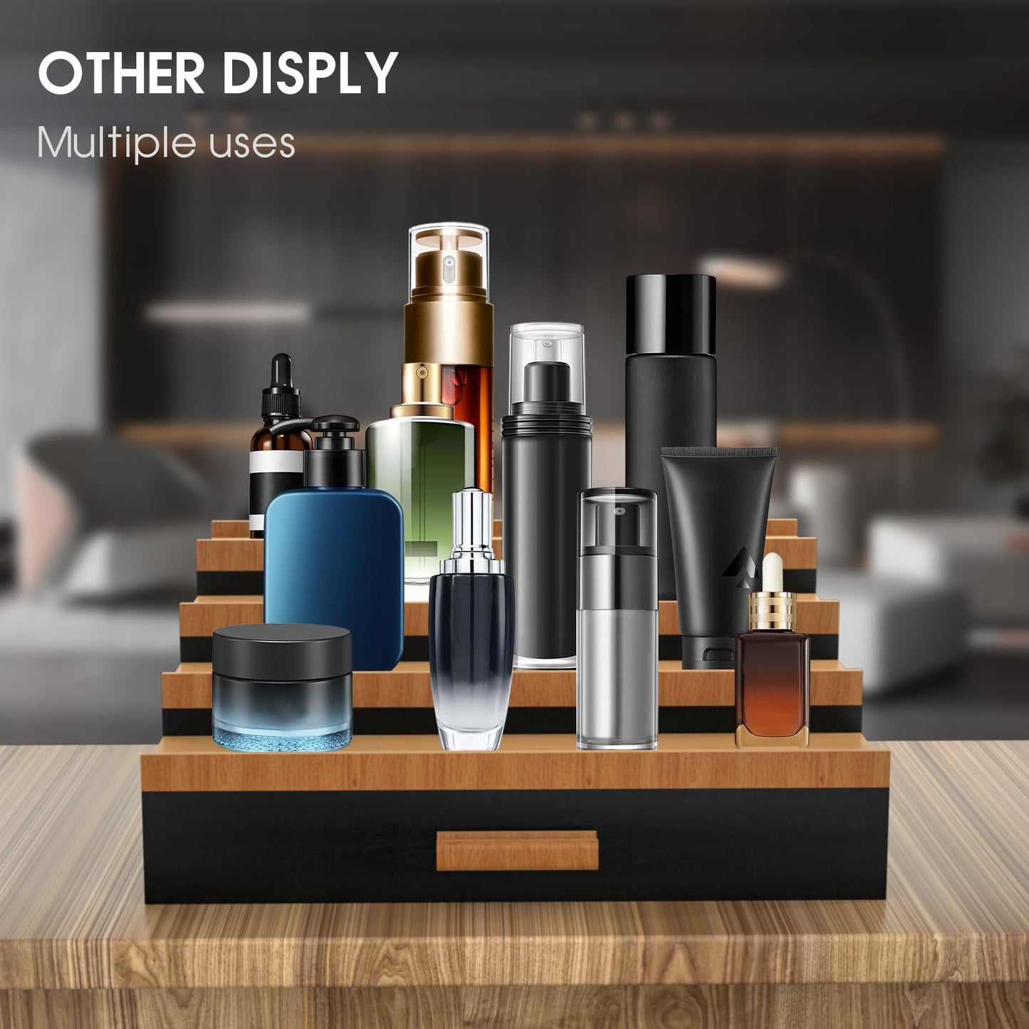 Sephyroth Cologne Organizer for Men 4 Tier of Elevated Cologne Display Shelf with Drawer Storage Perfume Organization and Storage Display Risers,Great Gift for Man(4Tier-BlackWalnut)
