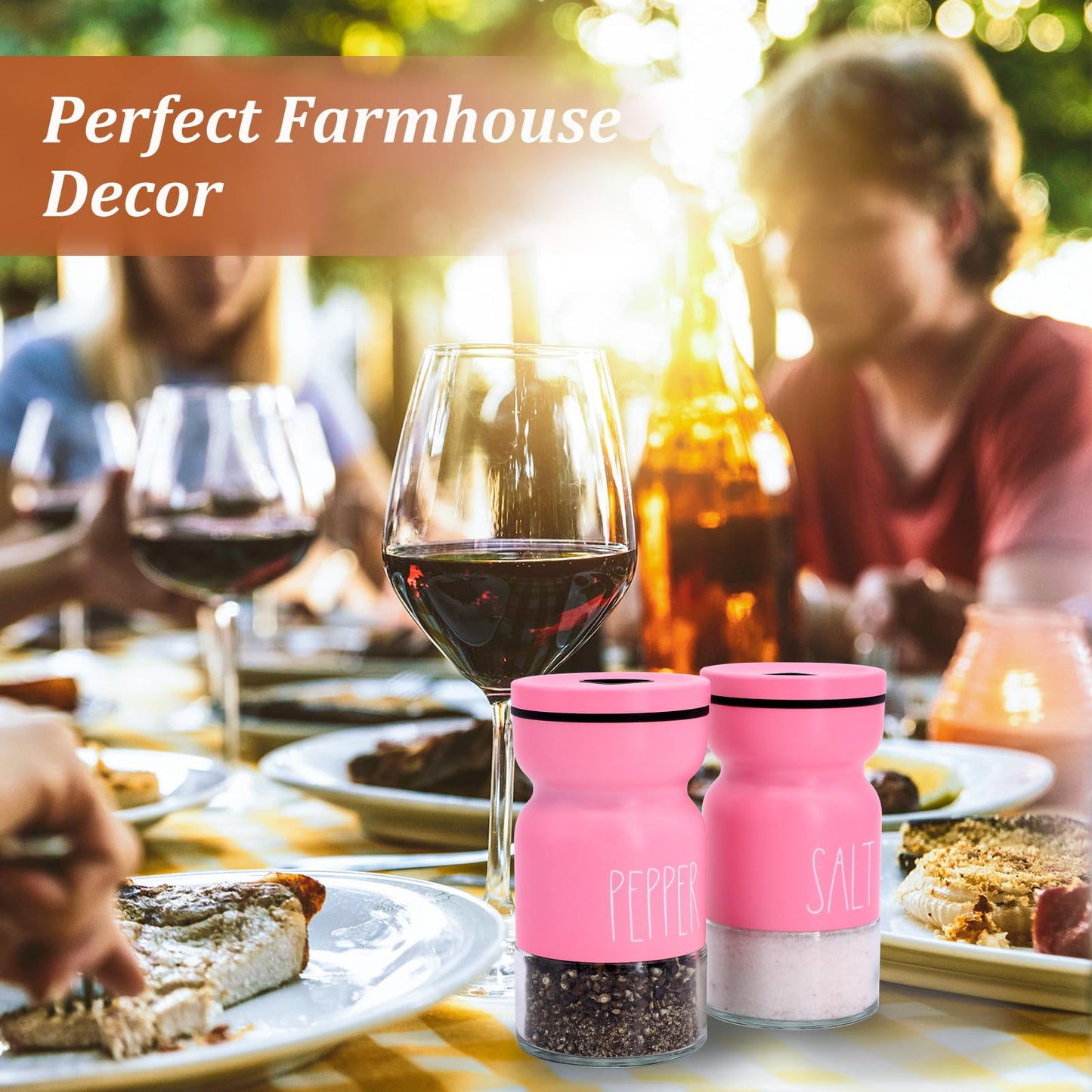 Pink Salt and Pepper Shakers Set, Cute Farmhouse Kitchen Decor for Home Restaurants Wedding, 4.5 oz Glass Salt Shaker with Adjustable Pour Holes
