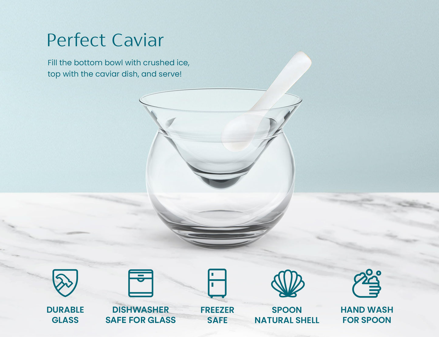 KooK Glass Caviar Chiller Server Set, with Mother of Pearl Spoons, Serving Dish with Ice Holder, for Shrimp, Appetizers, Liquor, Martinis and Cocktails, Dishwasher Safe, 5 oz Bowl, Set of 2