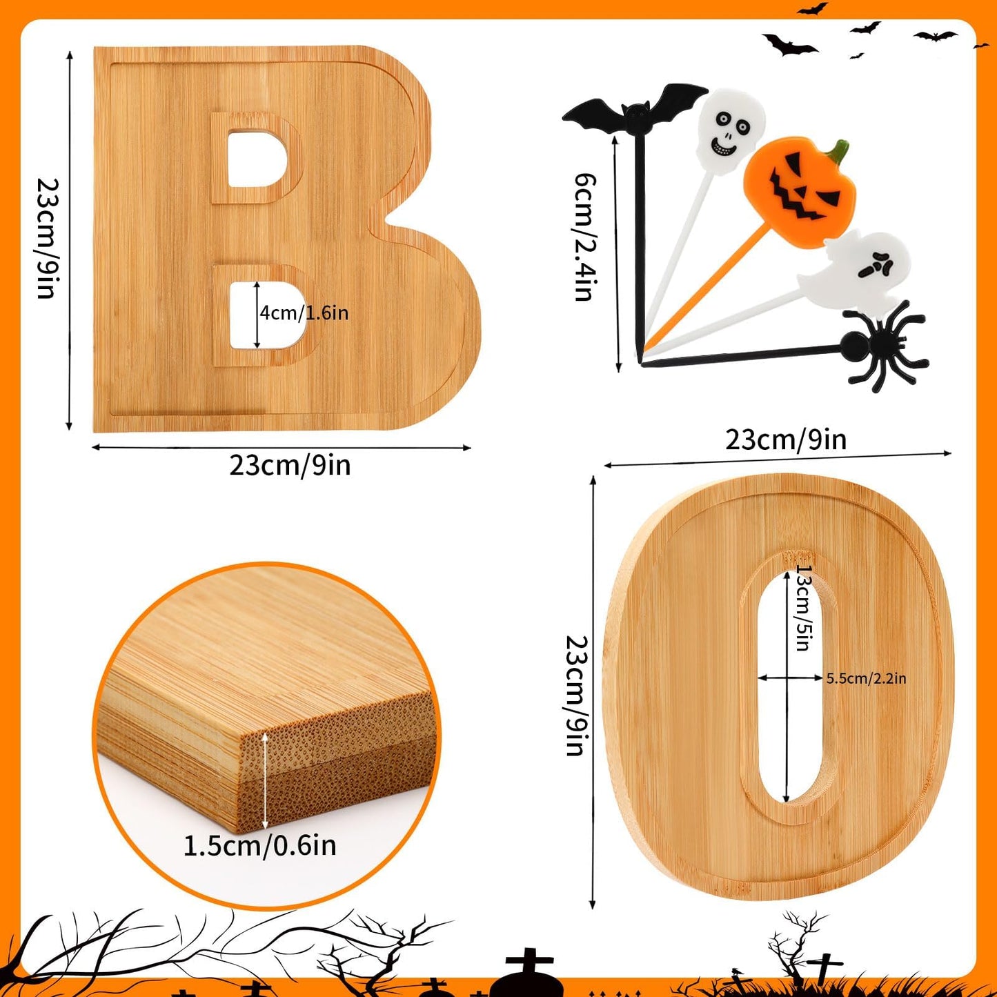 AUGSUN 53Pcs Halloween Charcuterie Board Set, 3 BOO Halloween Cheese Board Wooden Serving Platter with 50 Plastic Toothpicks for Party Buffet Supplies for Home Outdoor Party Decoration