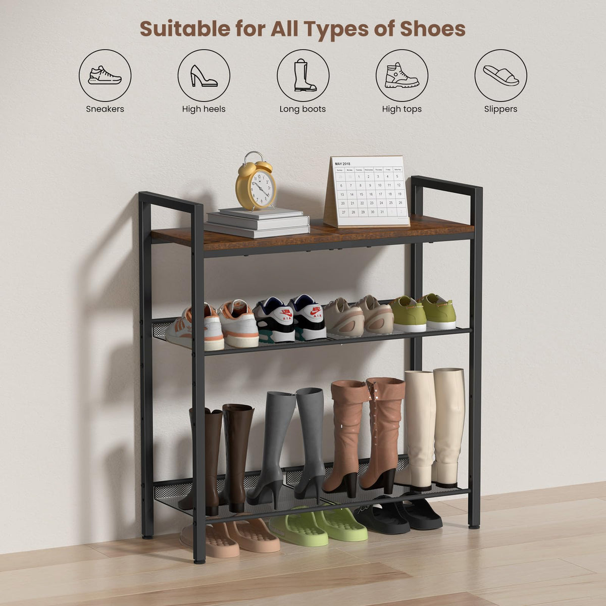 BASICS4ALL 4 Tier Shoe Rack for Entryway, Metal Shoe Rack Heavy Duty with Wooden Top & Adjustable Mesh Shelves, Shoe Storage Organizer for Front Door Entrance/Closet/Bedroom/Dorm/Garage