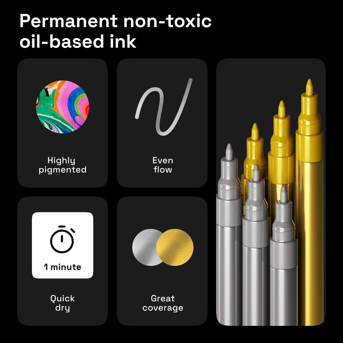 ARTISTRO 6 Gold & Silver Metallic Acrylic Paint Pens – 0.7mm Extra Fine Tip Paint Pens for Crafts, Rock Painting, Greeting Cards, Ornament Decor, DIY Art