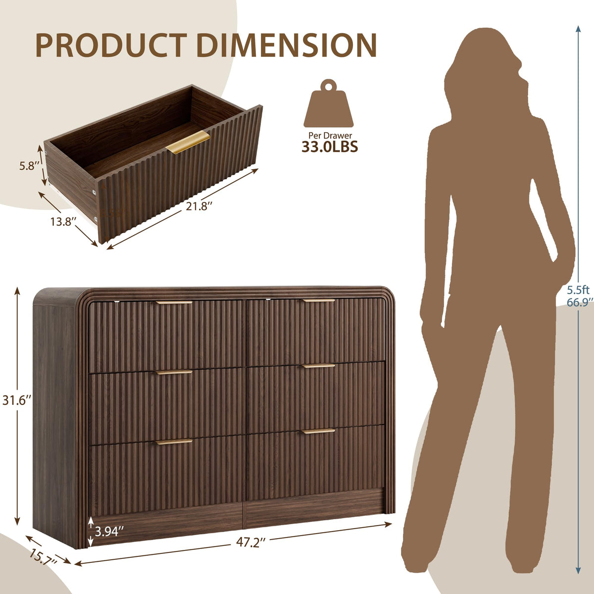 Decofy Fluted Drawers Dresser for Bedroom, Wood Dressers with Gold Handles, Modern Dressers with Wave Texture, Large Storage Chest of Drawers, Bedroom Dresser Organizer 47'' & 6 Drawers (Walnut)