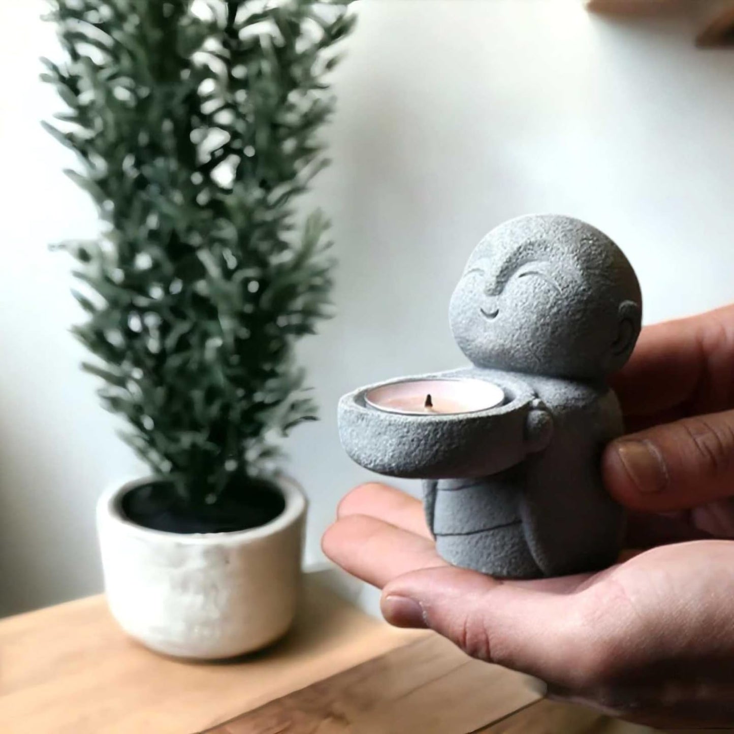 ZKSYLSM Sandstone Buddha Statue Candle & Incense Cone Holder, Small Jizo Figurine for Home Decor, Tiny Buddha Zen Monk Tealight Holder for Desk, Shelf or Nightstand, 3.5" H Mini Stone Decor Gift