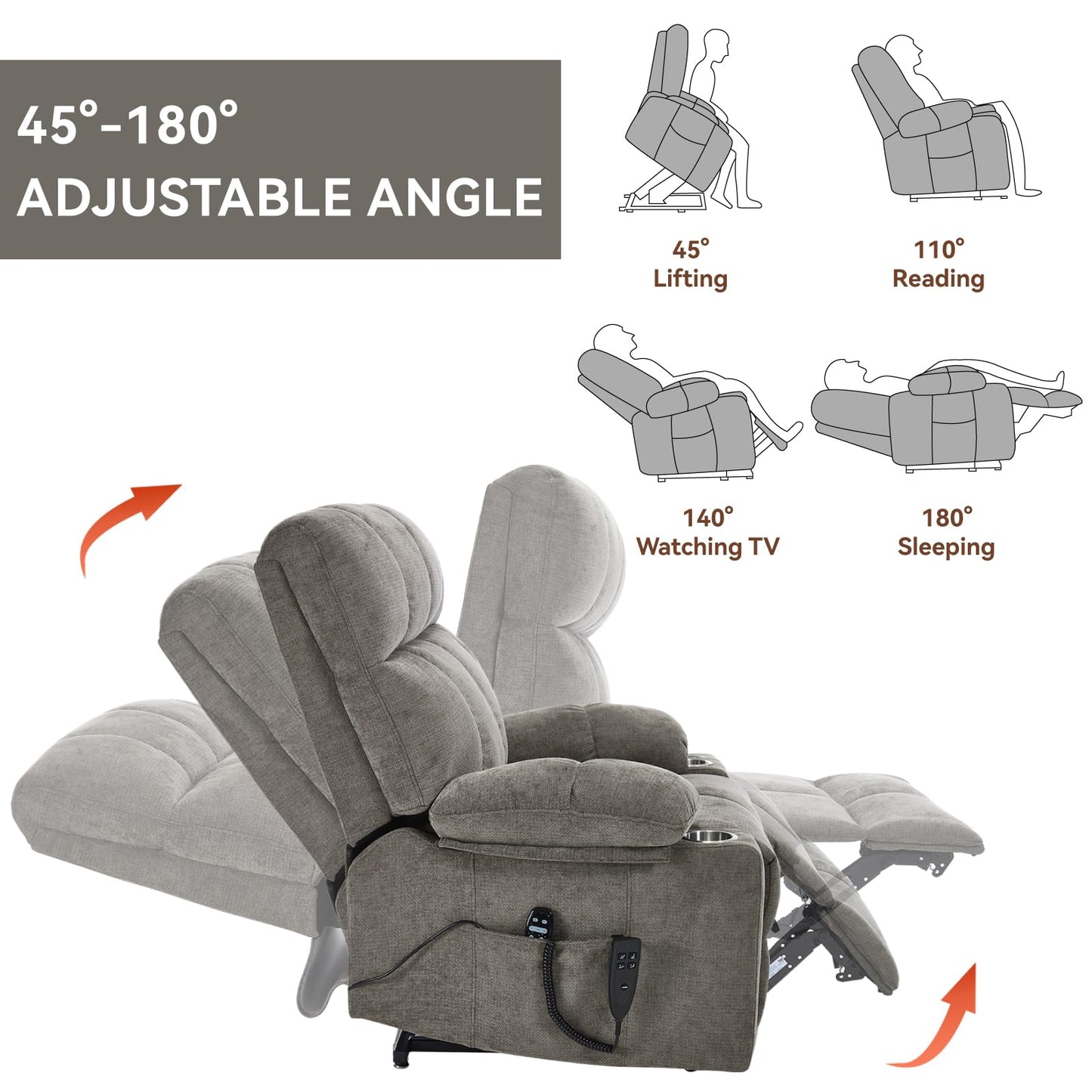 KEIKI Large Dual Motor Power Lift Recliner Chair for Adult, Chenille Upholstery Breathable Rocking Chair with Back Massager and Heated with Cup Holders, Famliy Daily Rest and Living Room Comfy, Brown
