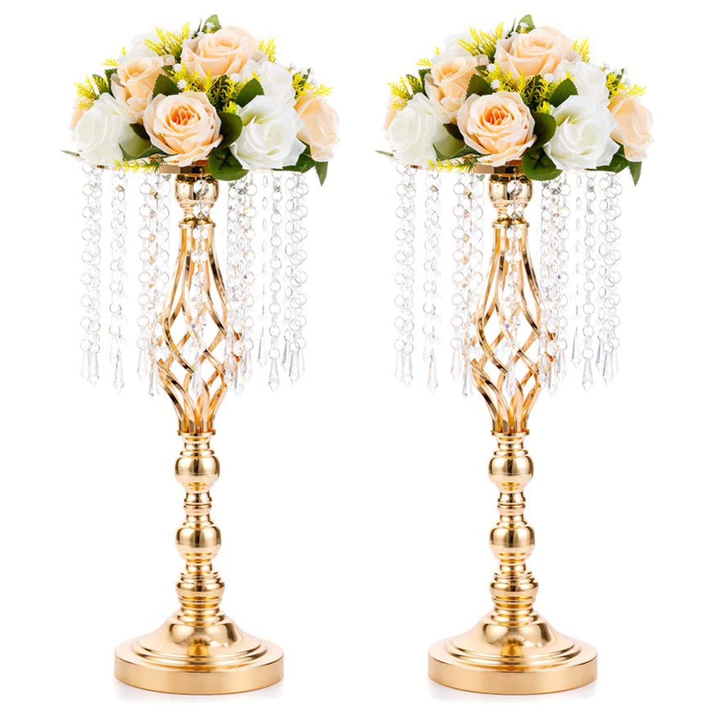 2 Pcs 19.3 inches Gold Centerpieces Table Tall Crystal Flowers Stand Wedding Road Lead Flower Holders Crystal Chandelier Metal for Reception Tables Supplies