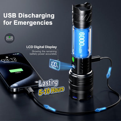 PHIXTON Rechargeable Torch LED Super Bright 1000000 Lumens Single One Mode, Long Distance 1000 Meters Powerful Flashlight Zoomable, Long Lasting 10H Strong Touch, USB C Input Output & Digital Display