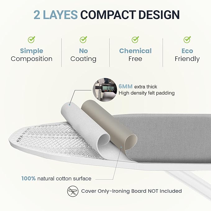 Ironing Board Cover and Pad 18"x49" Extra Thick Natural Cotton, Scorch and