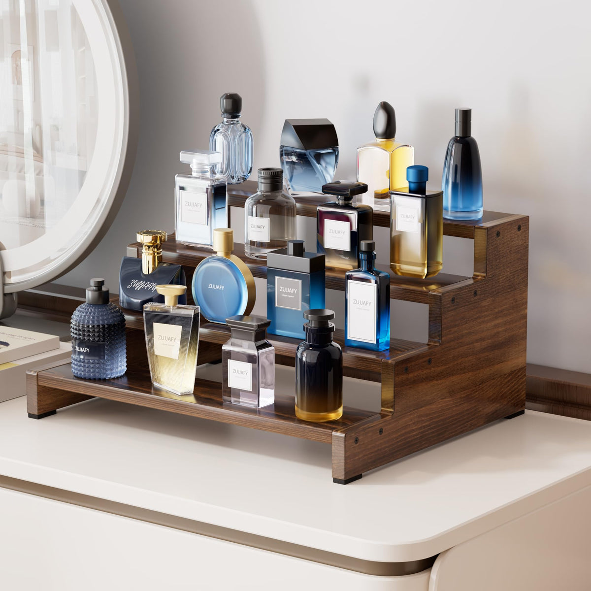 ZUJJAFY Cologne Organizer for Men, 4 Tier Wooden Cologne Stand Mens Fragrance Shelf, Tiered Wood Risers Display Stands for Perfume, Cupcake, Figures, Dessert, Brown