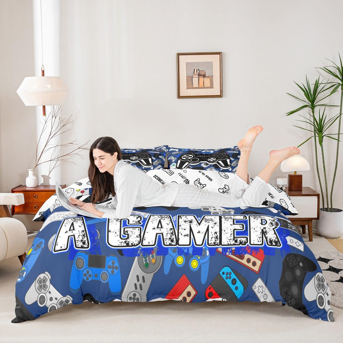 Homewish Cartoon Gamepad Bedding Set King Size,Video Games Duvet Cover Set 3Pcs for Kids Teens Boys Girls Room Decor,Navy Blue Gaming Board Comforter Cover Modern Fashion Quilt Cover,2 Pillowcases