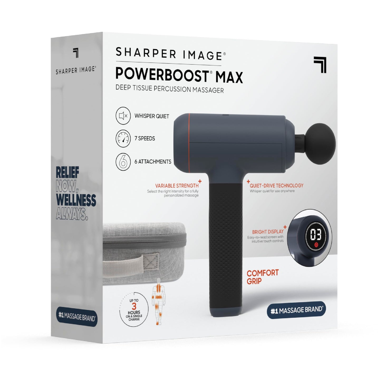 Sharper Image Powerboost Massage Gun – Deep Tissue Percussion Massager| 5 Attachments, 6 Speed| Shoulder Back Leg Muscle Recovery & Pain Relief Massage Tool| Massager Gun| Men & Women Gift