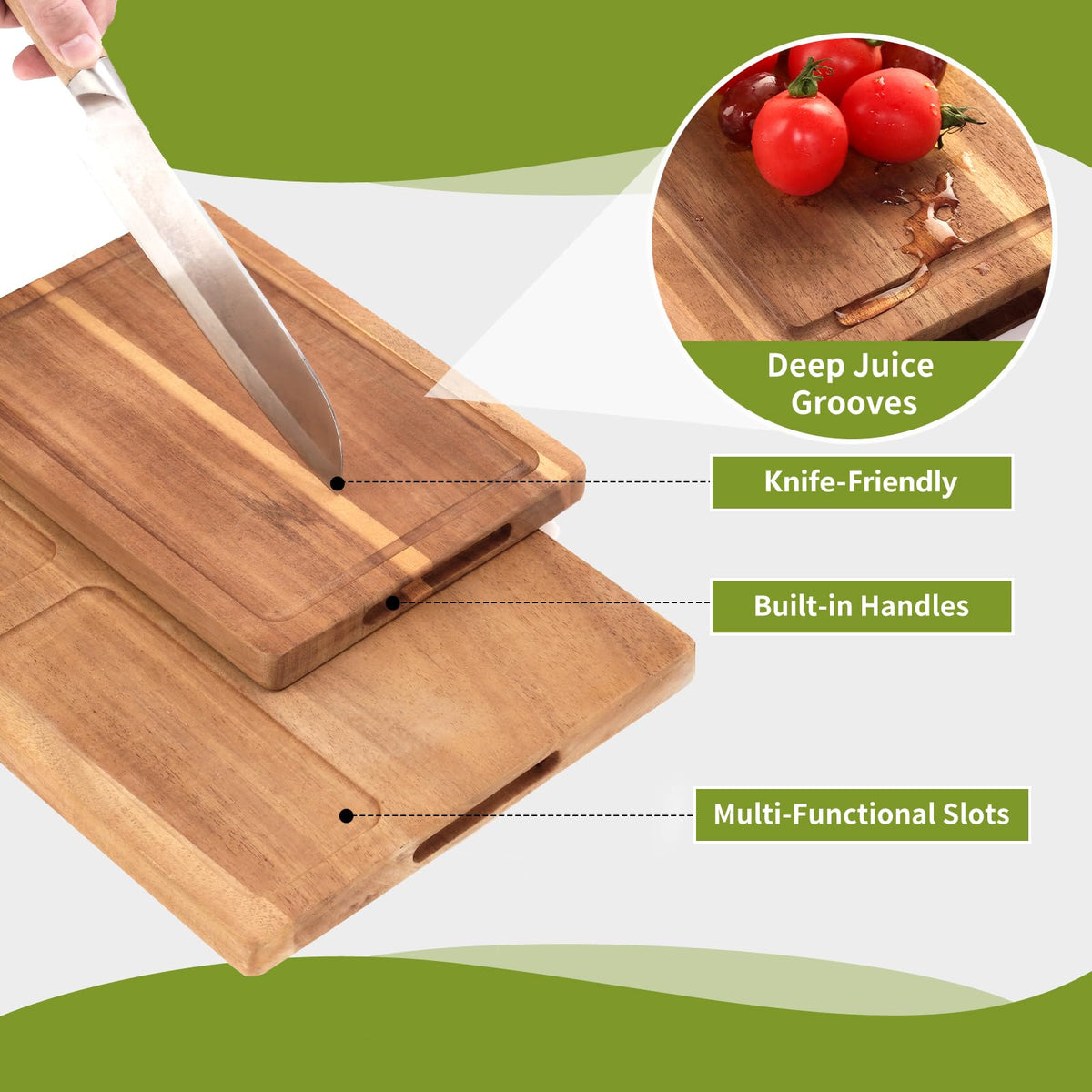 BOBELA Acacia Wood Cutting Board,Double Sided Wooden Cutting Boards for Kitchen with Deep Juice Grooves,0.8 in Thick Solid Wood Cutting Board Set with Stand for Chopping,Serving Ideal Kitchen Gifts