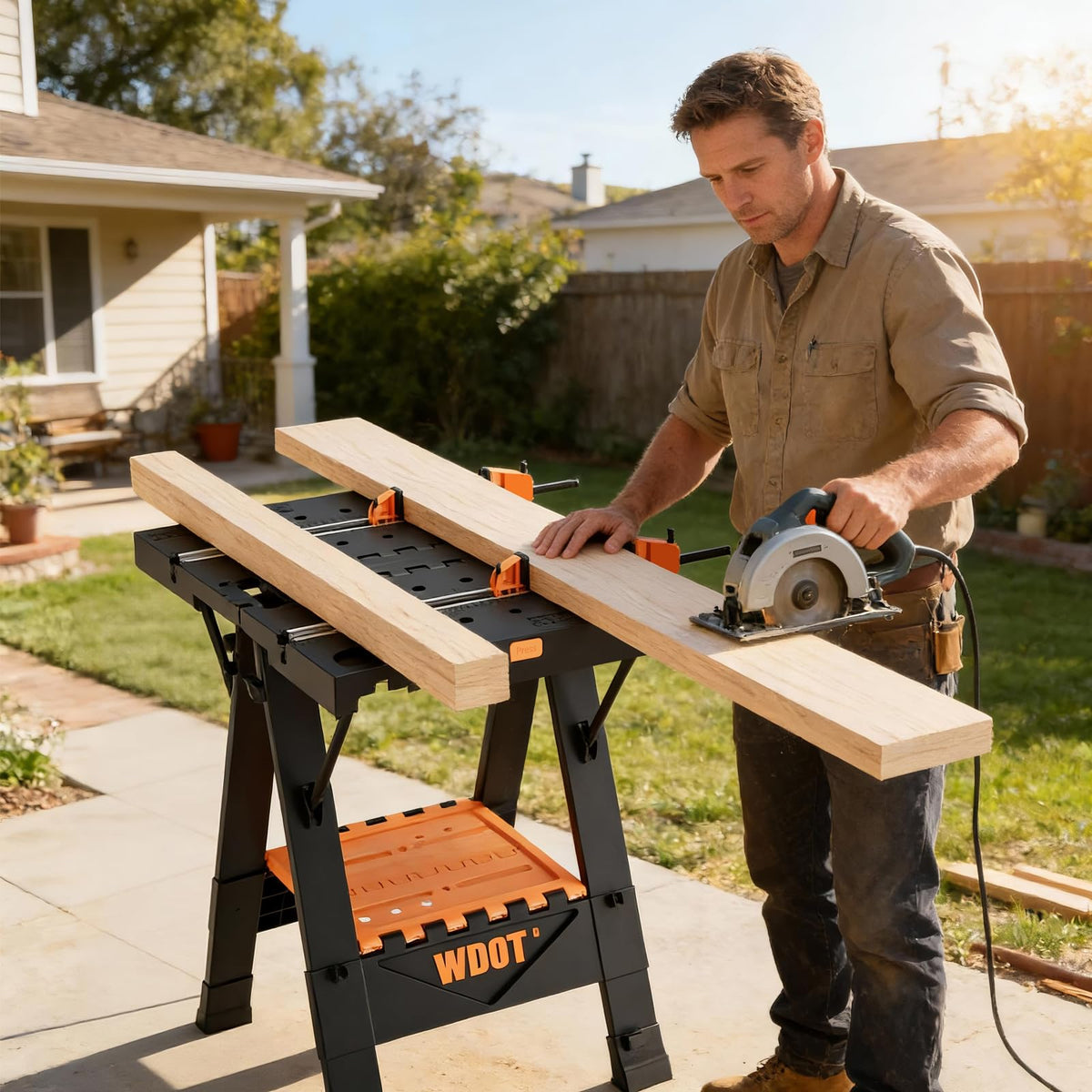 WDOT Work Bench Table 2 in 1 Portable Folding Workbench for Garage Sawhorse 500lbs Mobile Work Table 31" W x 25" D x 32" H with 2 Clamps & 6 Bench Dogs