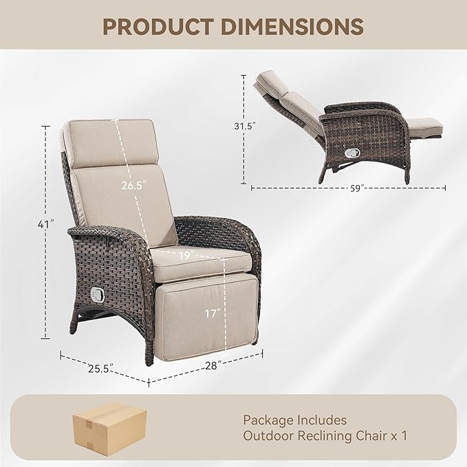 Zero Gravity Wicker Patio Recliner Chair - Wicker Outdoor Lounge Chair with Adjustable Backrest & Footrest, All Weather Outdoor Reclining Chairs with Thick Cushion for Pool Deck Beige