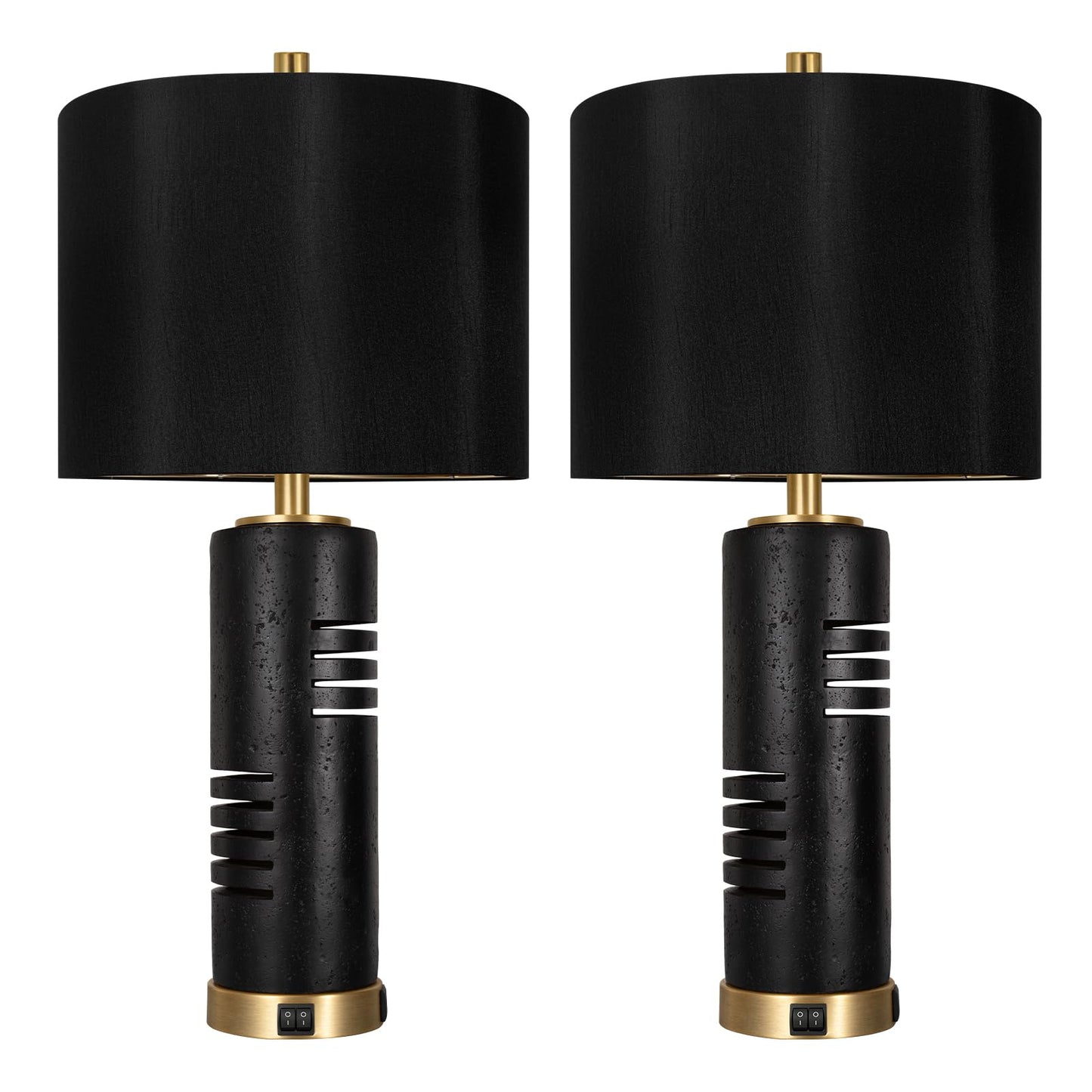 KIVDITZO 27.5" Faux Stone Table Lamps Set of 2, Farmhouse Table Lamps for Living Room with Night Light & USB A+C Ports, Black Lamps with Faux Silk Shade for Bedroom Nightstand Office (Bulb Included)